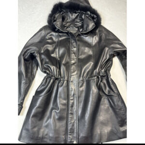 Damselle Black Lamb Leather Parka Coat Fox Fur Hood Y2K Mob Wife Dark Glam Sz Lg